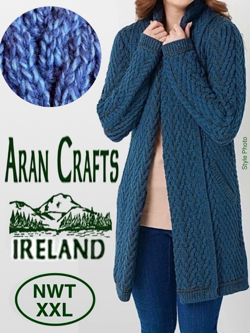 NWT Aran Crafts Blue Open-Front Merino Wool Sweater Cardigan (XXL 22W-24W)